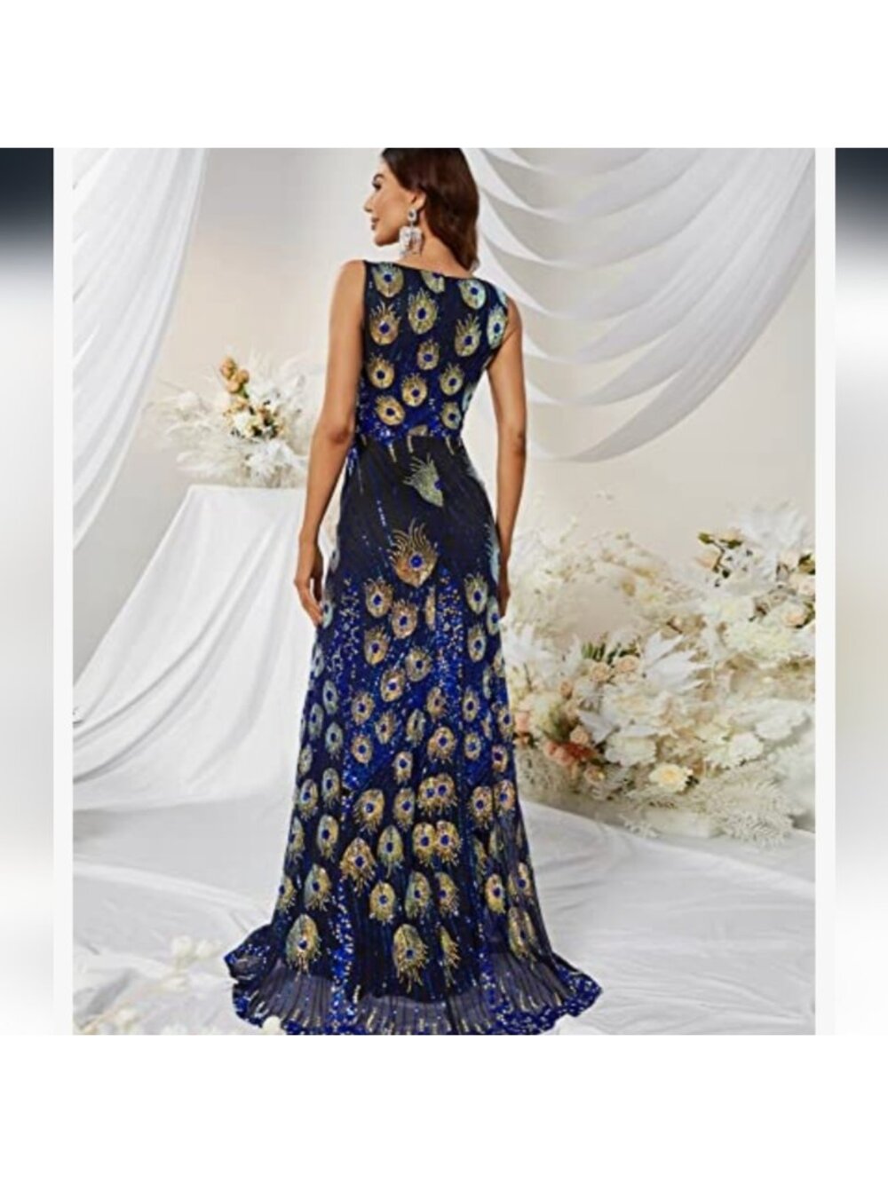 Women's Vintage Peacock Sequin Formal Dress V Neck Party Prom Evening Gown 1x - Picture 3 of 15